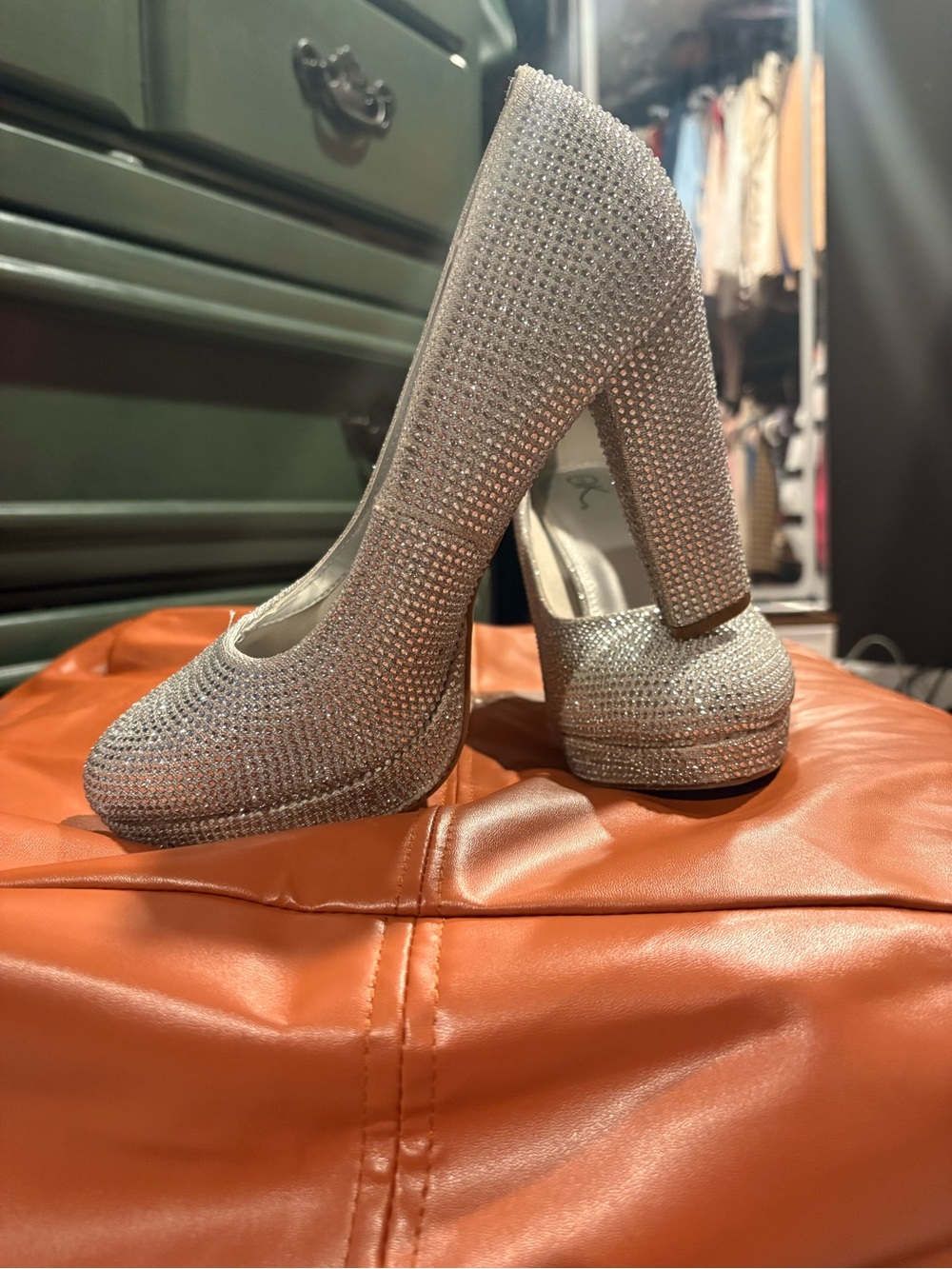Embellished Silver Platform Block Heel Pumps